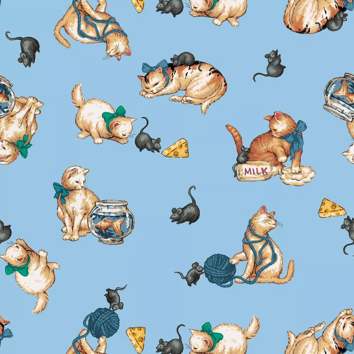 Mischievous Kitty on Blue Fabric
