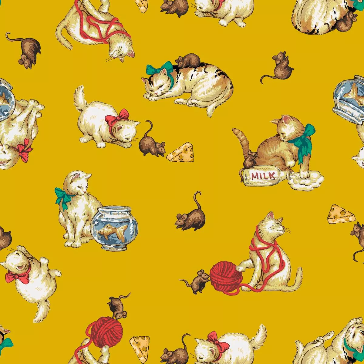 mischievous-kitty-on-yellow-fabric Mischievous Kitty on Yellow Fabric