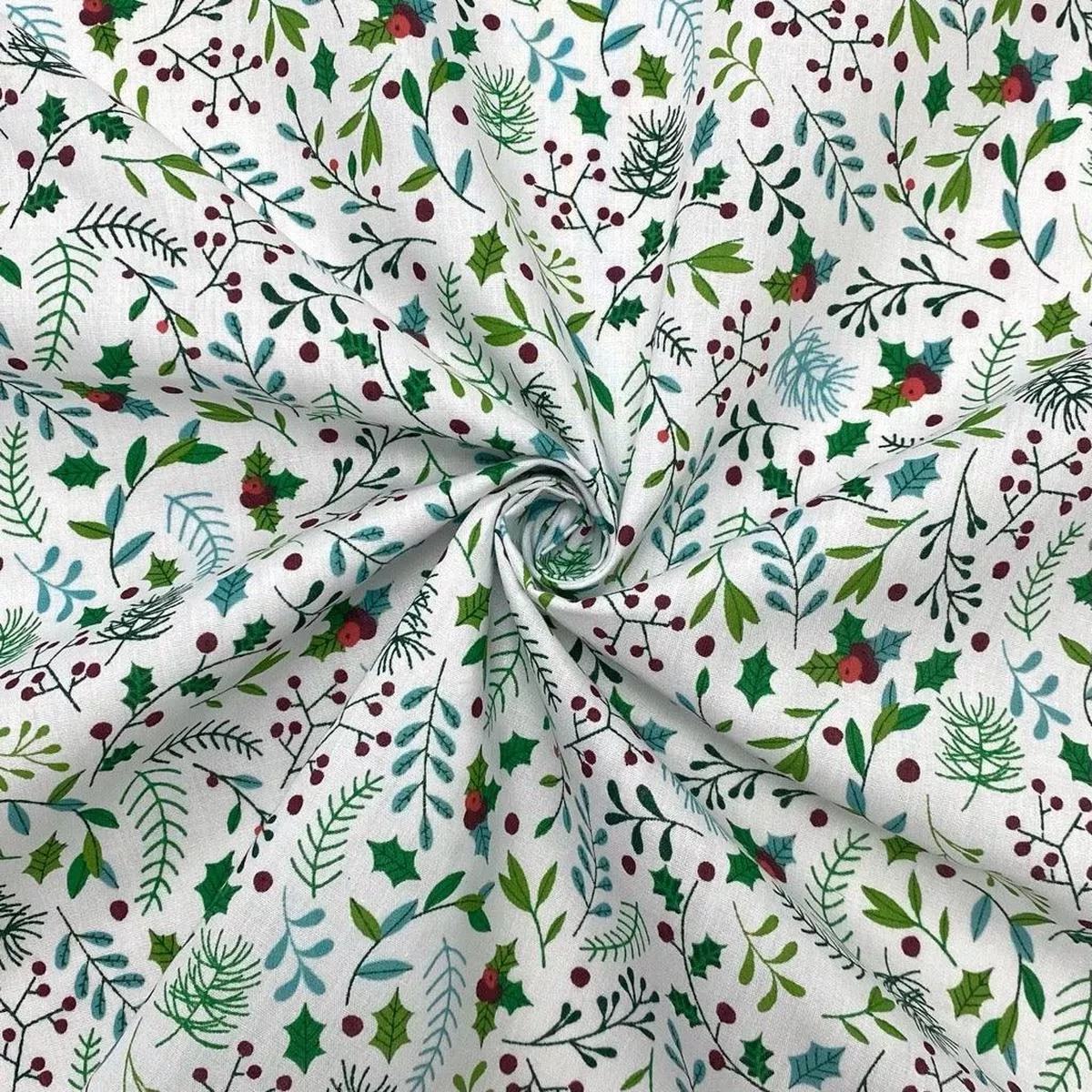 Mistletoe on White Polycotton Fabric