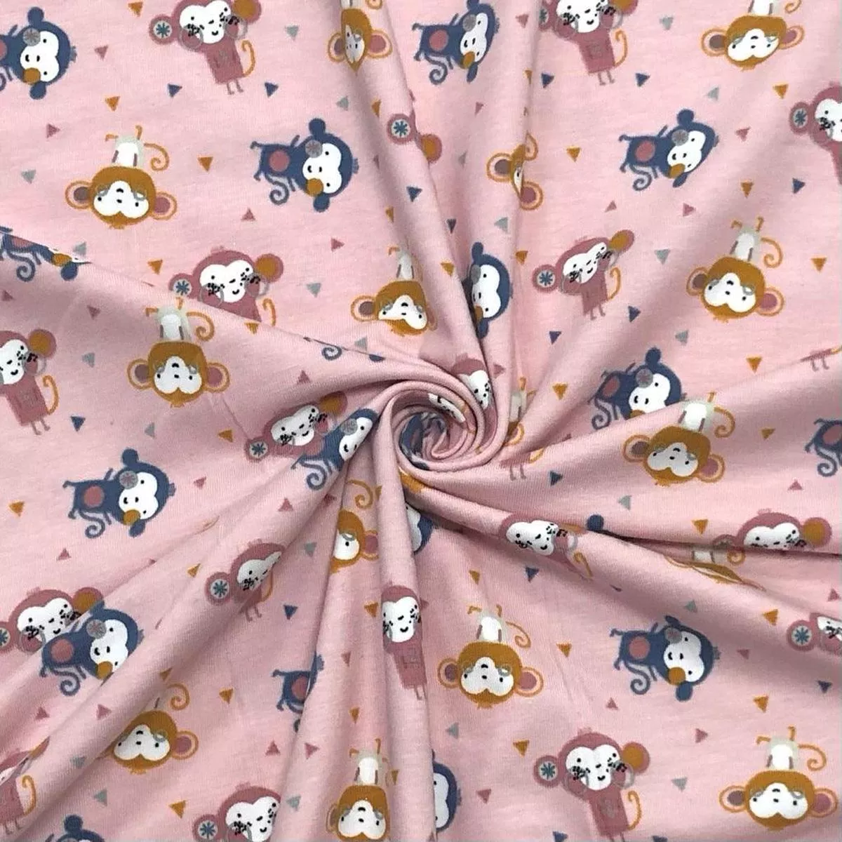 monkeys-triangles-on-pink-organic-cotton-jersey-fabric Monkeys and Triangles on Pink Organic Cotton Jersey Fabric