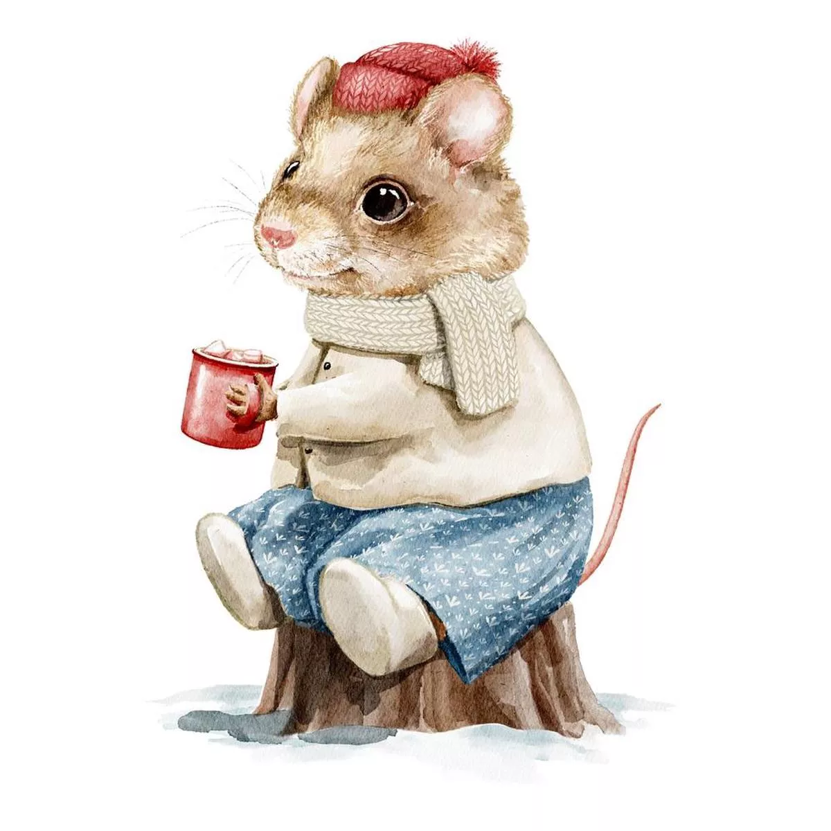 mouse-in-hat-sipping-hot-cocoa-fabric-panel Mouse in Hat Sipping Hot Cocoa Fabric Panel