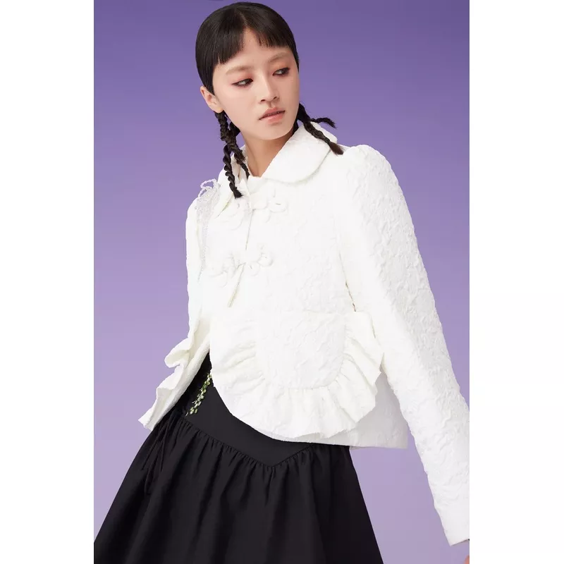 mukzin-white-ruffle-buckle-cropped-coat Mukzin | White Ruffle Buckle Cropped Coat