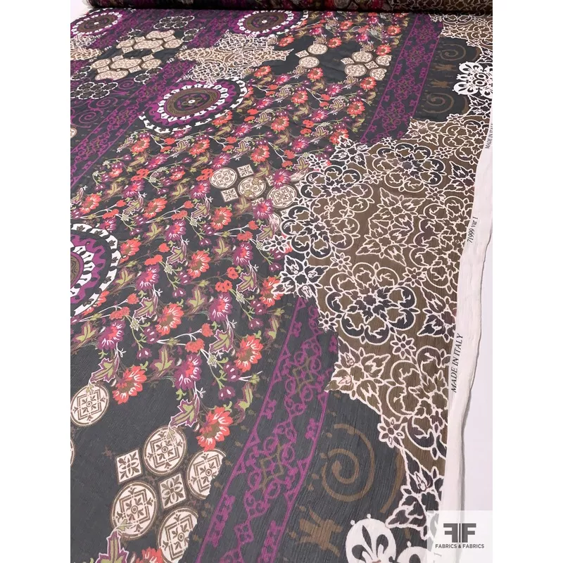 Multi-Pattern Printed Crinkled Silk Chiffon – Brown / Dark Magena / Black / Orange / Off-White