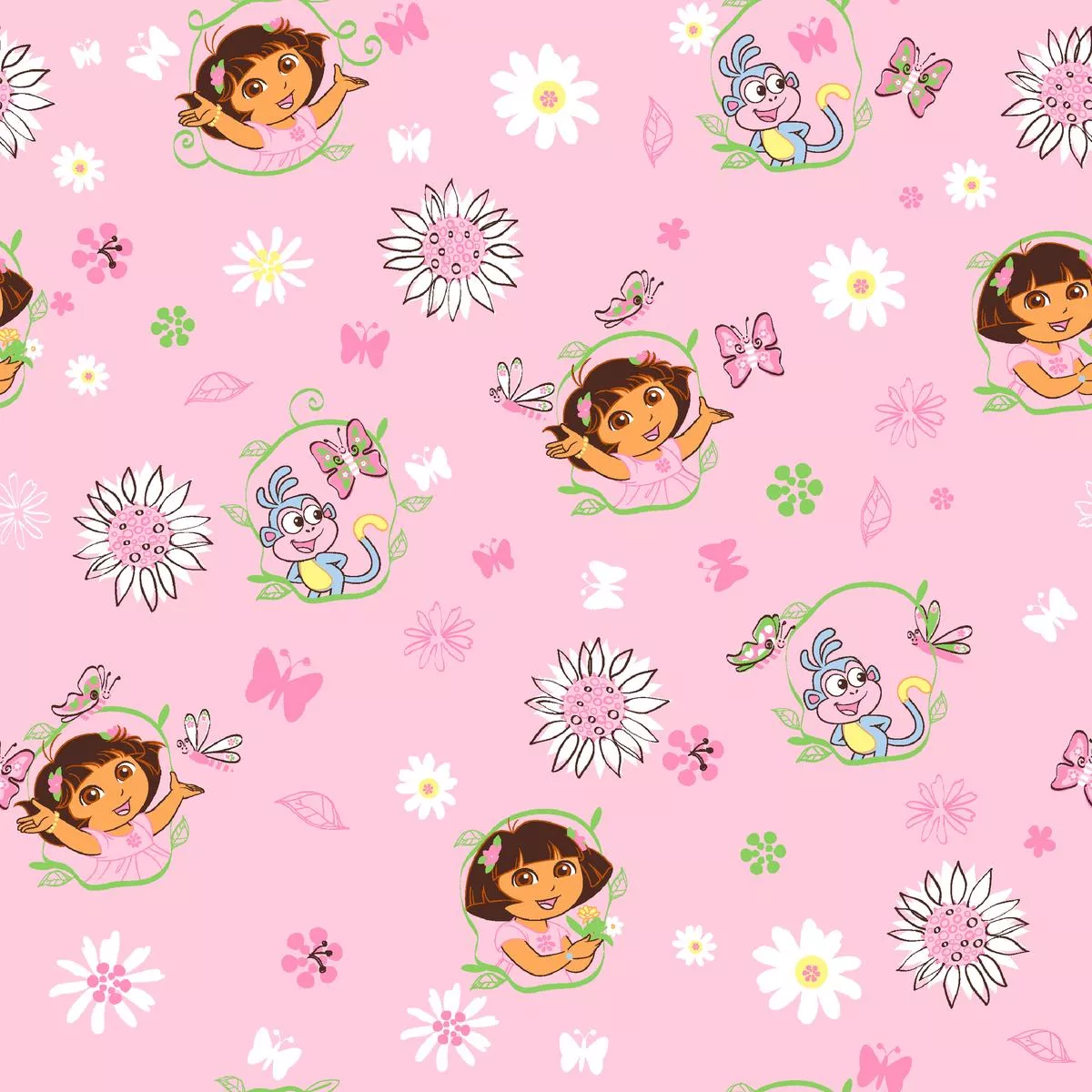 Nickelodeon Dora the Explorer Pink Flowers and Butterflies Fabric