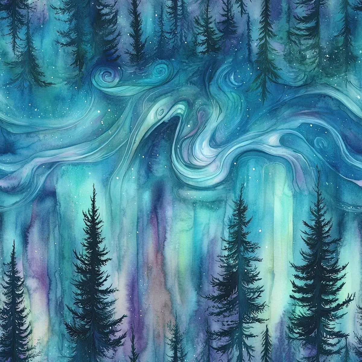 Northern Lights Forest Pattern 27 Quilting Cotton Fabric