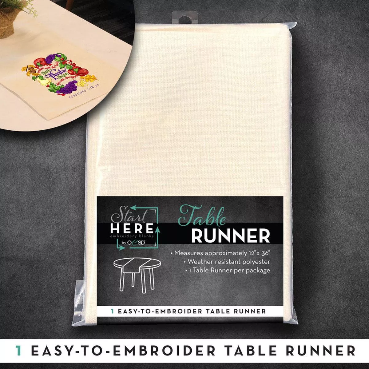 oesd-start-here-12-36-white-table-runner-oesdtrunwh OESD Start Here 12×36″ White Table Runner OESDTRUNWH
