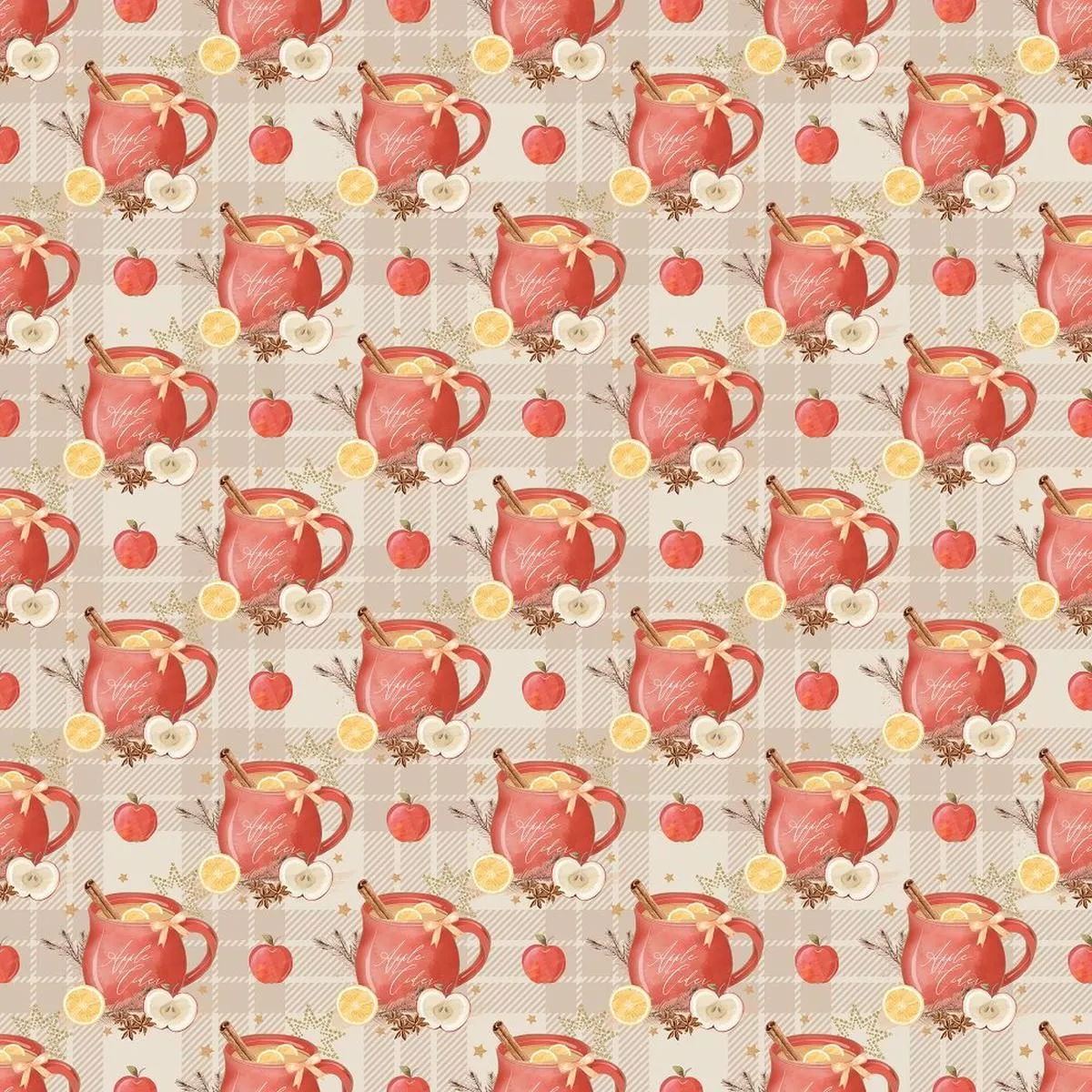 packed-apple-cider-on-tartan-plaid-fabric-beige Packed Apple Cider on Tartan Plaid Fabric – Beige