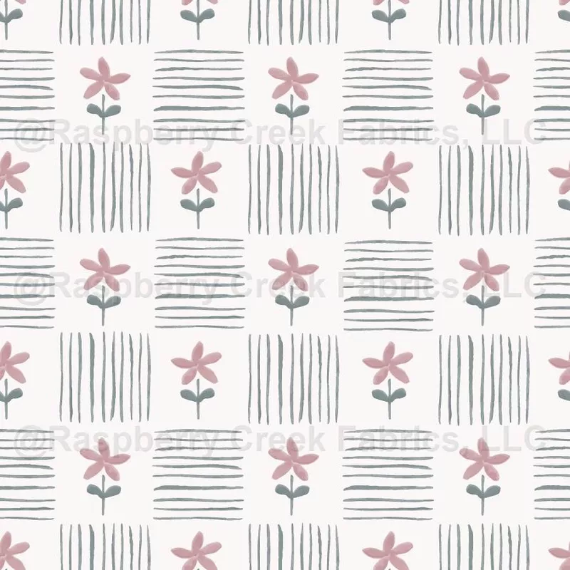 Painted Checkered Floral Quilt Lines Teal Cream