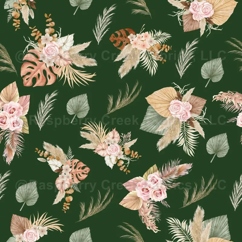Pampas Grass & Flowers on Dark Green – large