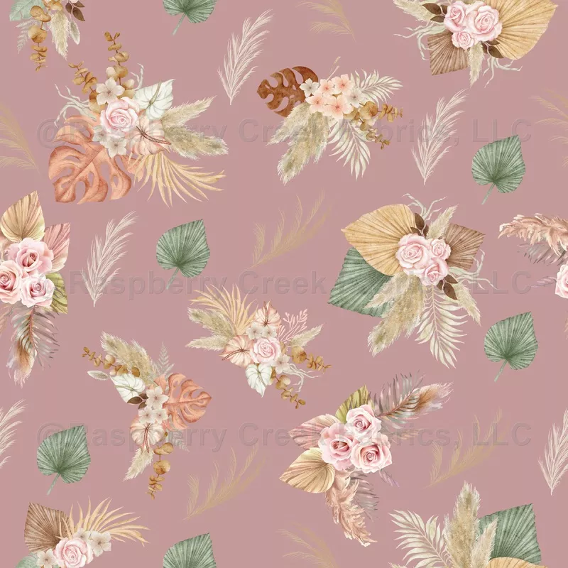 Pampas Grass & Flowers on Grayish Pink – large