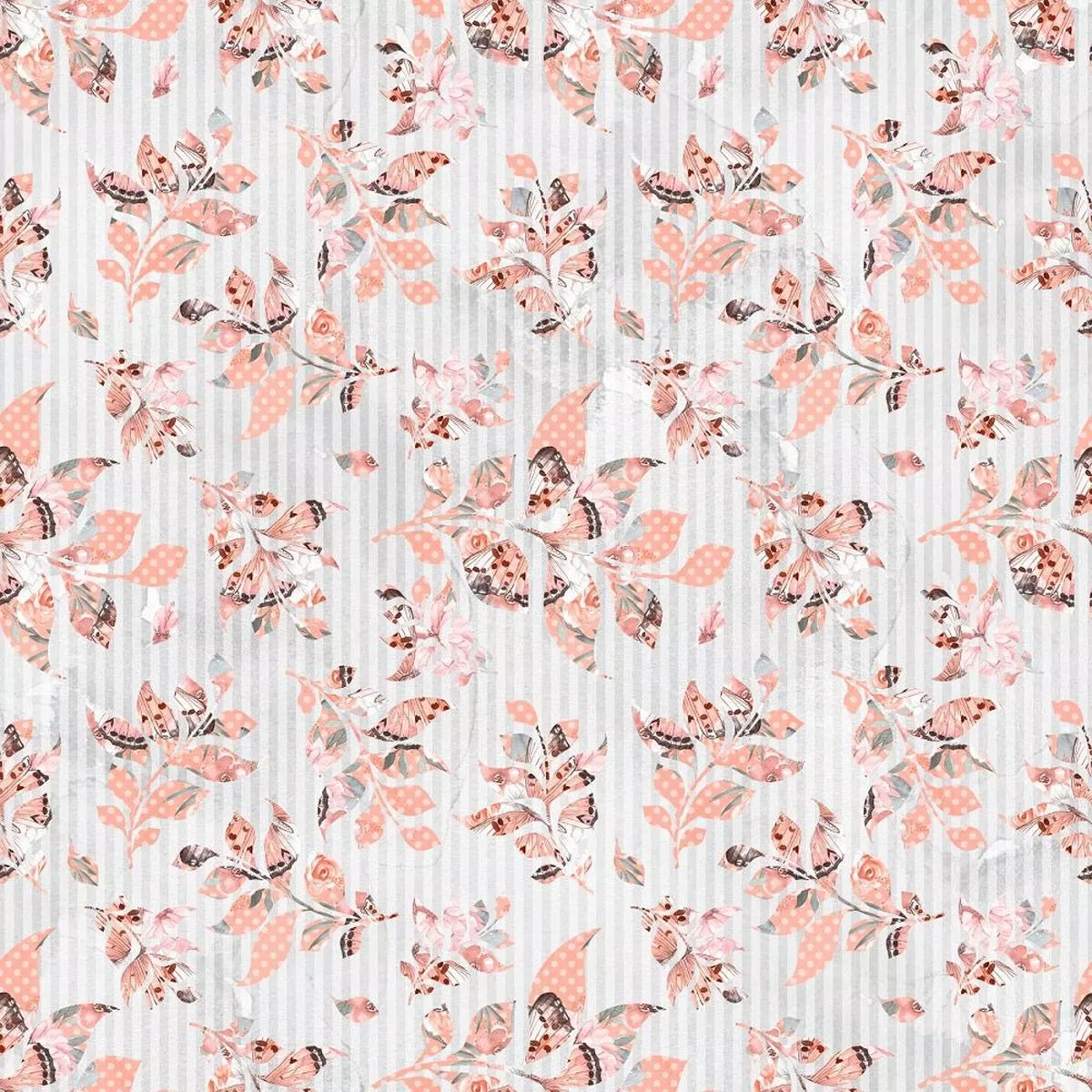 Patterned Leaves on Stripes Fabric – Grey