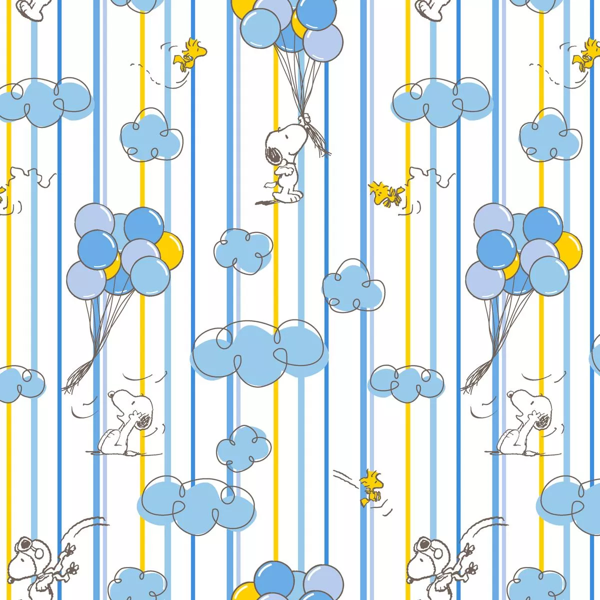 peanuts-balloon-adventures-on-blue-stripes-fabric Peanuts Balloon Adventures on Blue Stripes Fabric