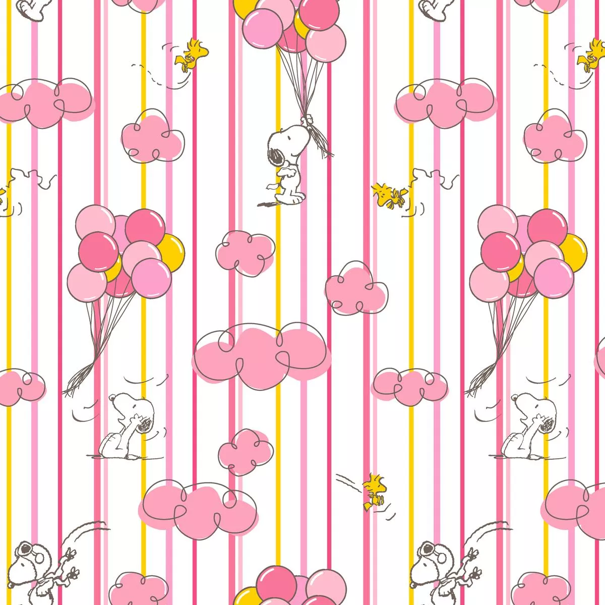 peanuts-balloon-adventures-on-pink-stripes-fabric Peanuts Balloon Adventures on Pink Stripes Fabric