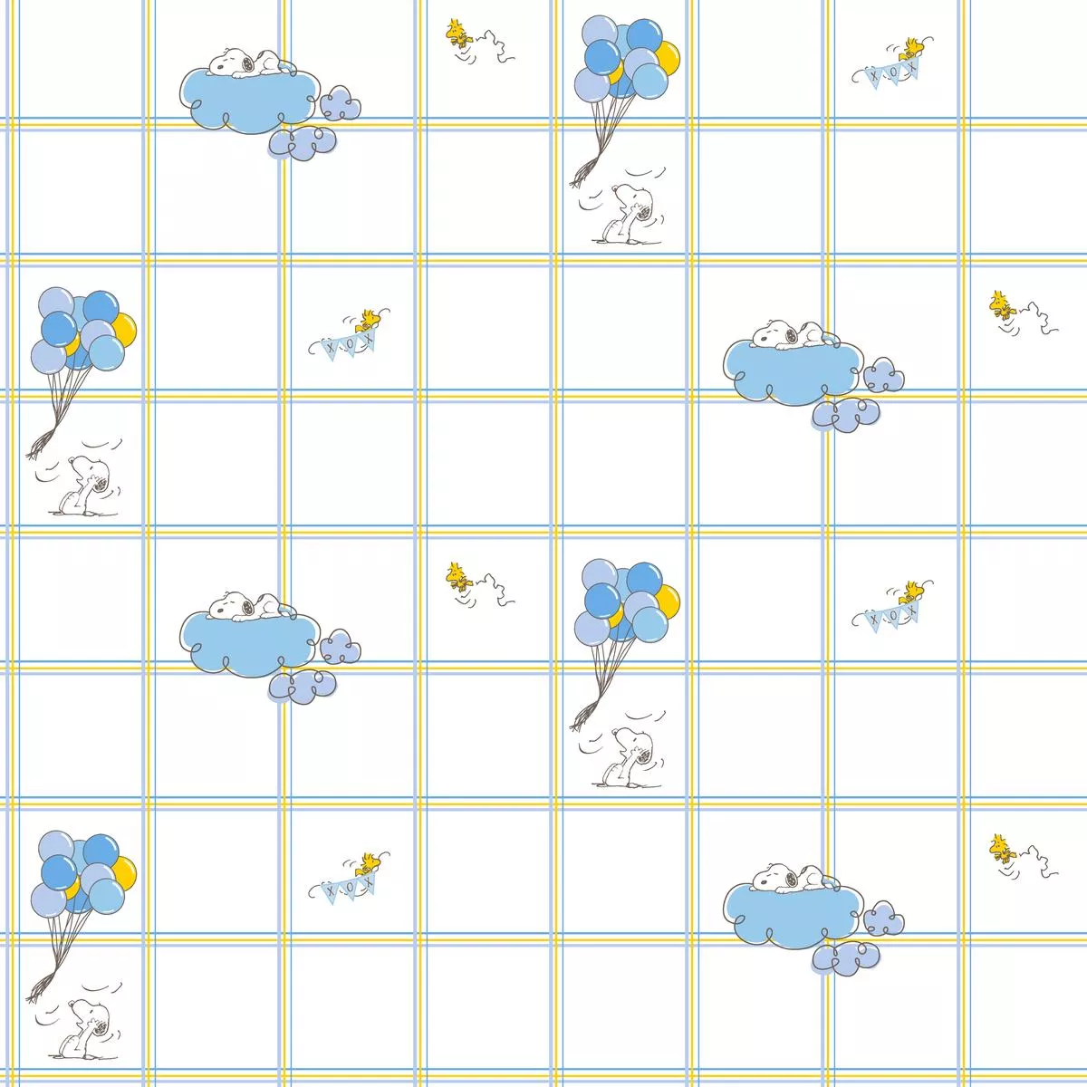 peanuts-blue-balloon-clouds-grid-toss-fabric Peanuts Blue Balloon and Clouds Grid Toss Fabric