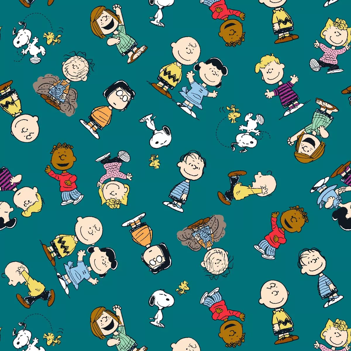 peanuts-characters-toss-on-teal-fabric Peanuts Characters Toss on Teal Fabric
