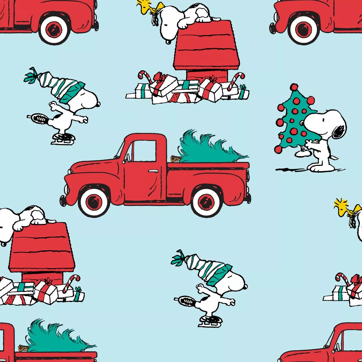 peanuts-christmas-snoopy-red-truck-fabric Peanuts Christmas Snoopy Red Truck Fabric