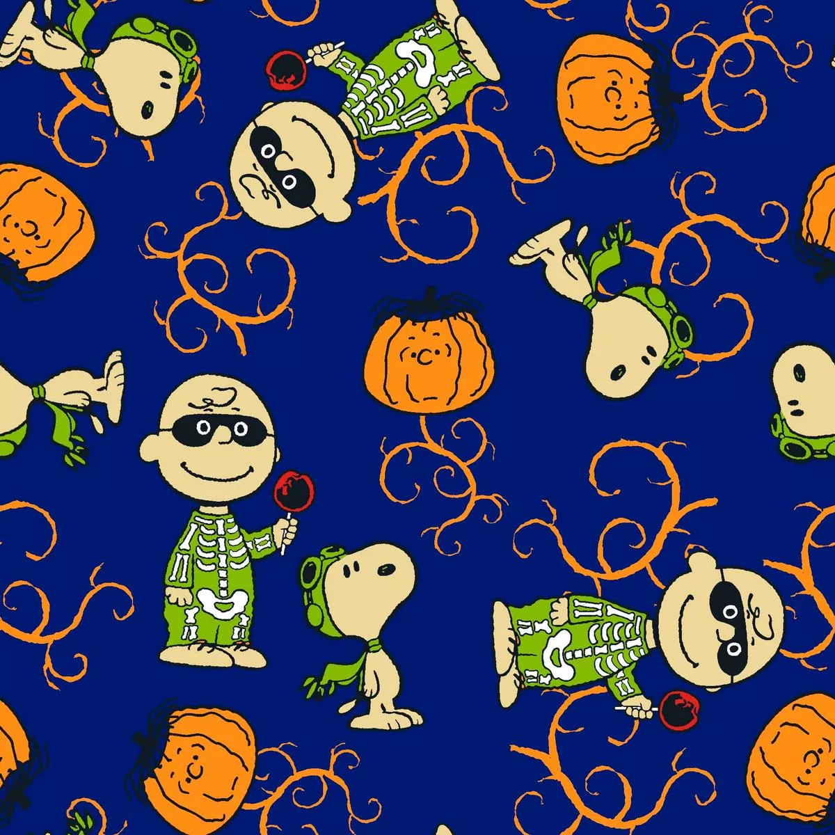 peanuts-halloween-festive-characters-on-blue-fabric Peanuts Halloween Festive Characters on Blue Fabric