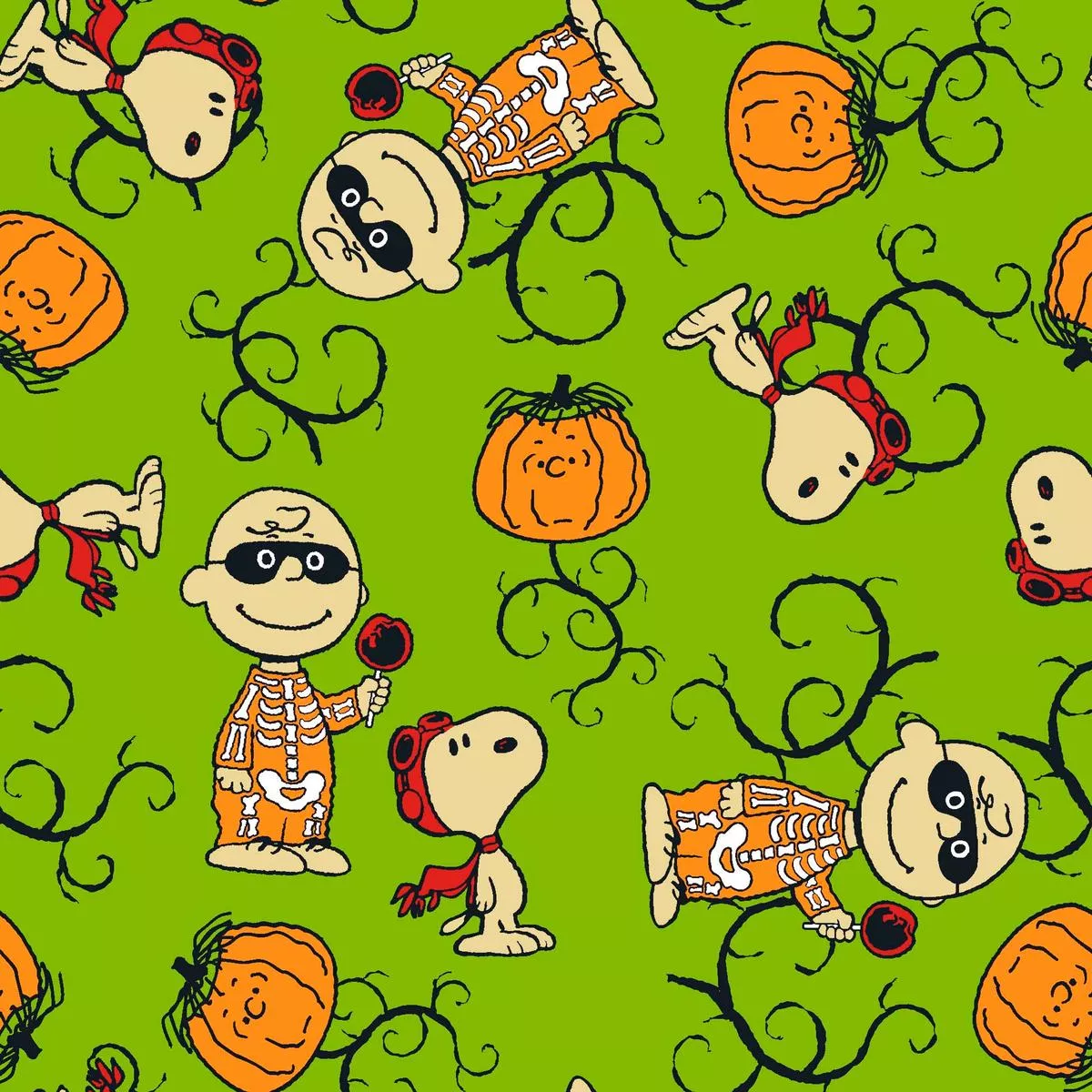 peanuts-halloween-festive-characters-on-green-fabric Peanuts Halloween Festive Characters on Green Fabric