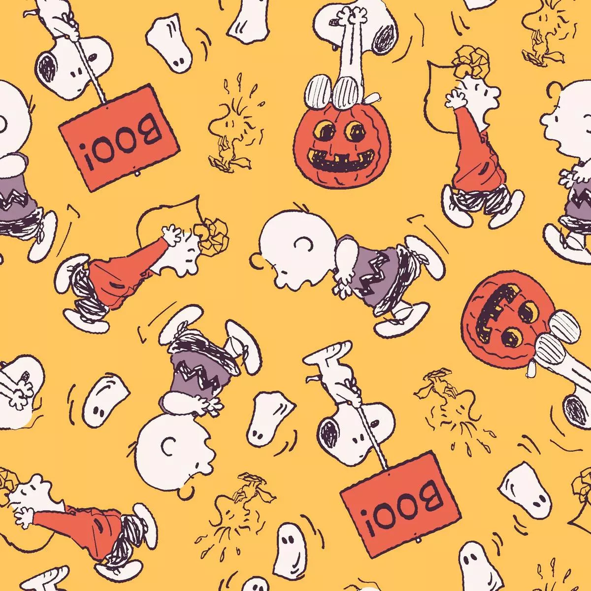 peanuts-halloween-ghost-scares-on-yellow-fabric Peanuts Halloween Ghost Scares on Yellow Fabric