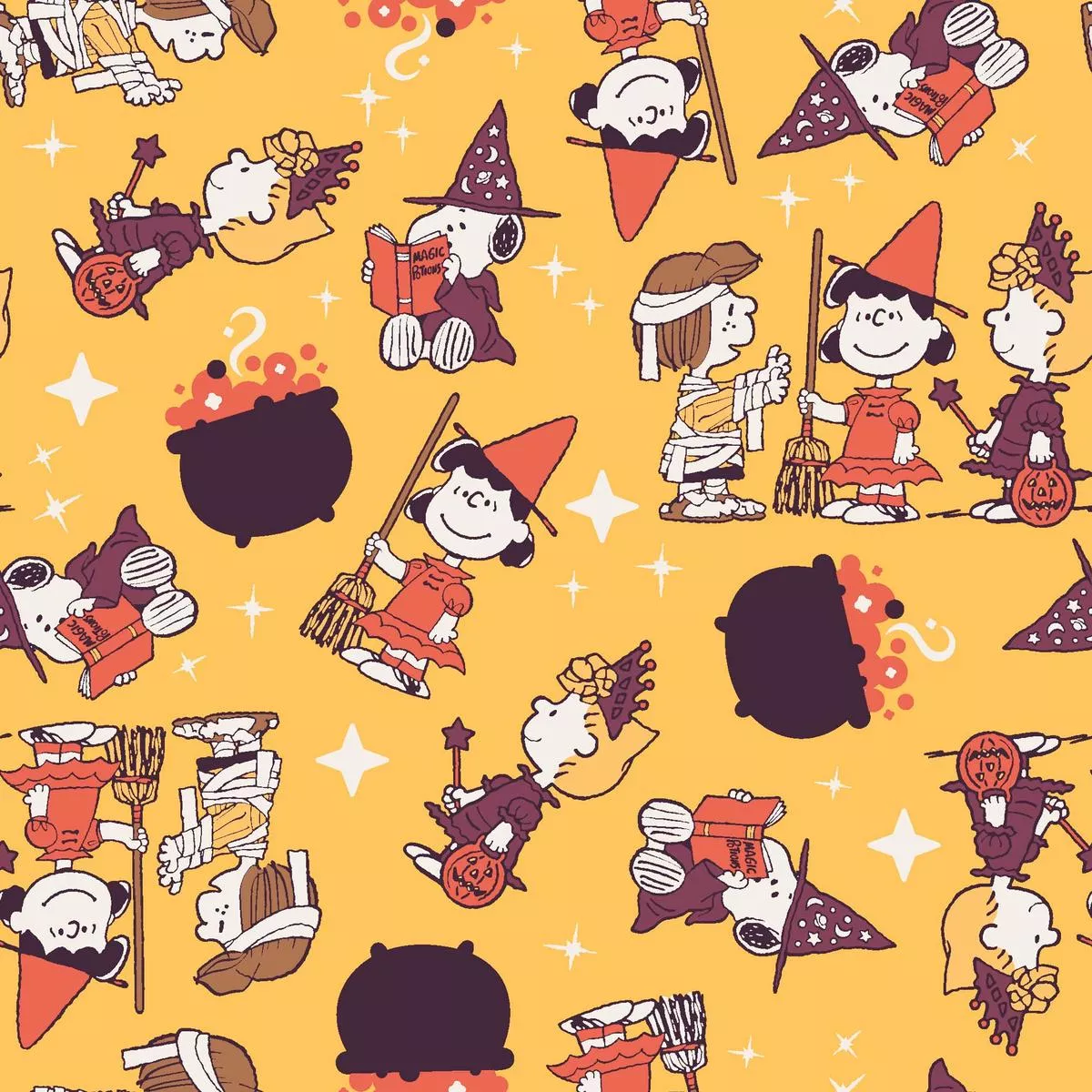 peanuts-halloween-witch-fun-on-yellow-fabric Peanuts Halloween Witch Fun on Yellow Fabric