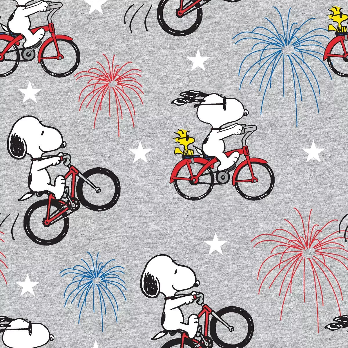peanuts-snoopy-bicycle-fireworks-on-gray-fabric Peanuts Snoopy Bicycle Fireworks on Gray Fabric