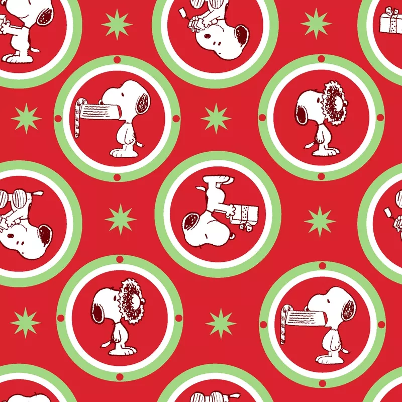 peanuts-snoopy-christmas-badges-on-red-fabric Peanuts Snoopy Christmas Badges on Red Fabric