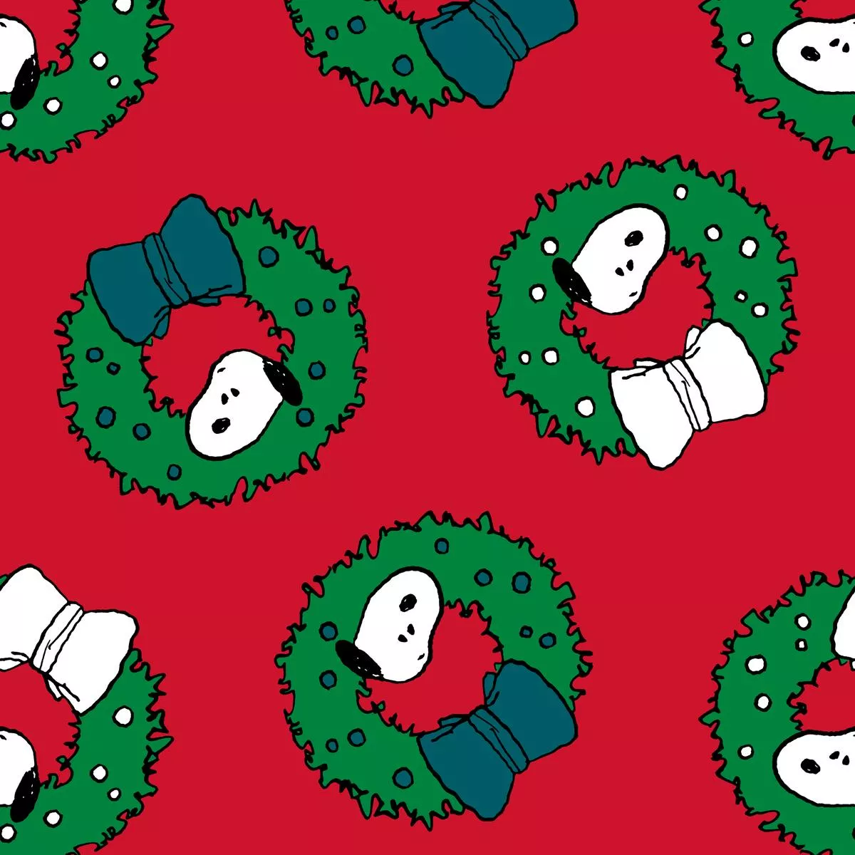 Peanuts Snoopy Christmas Wreaths on Red Fabric