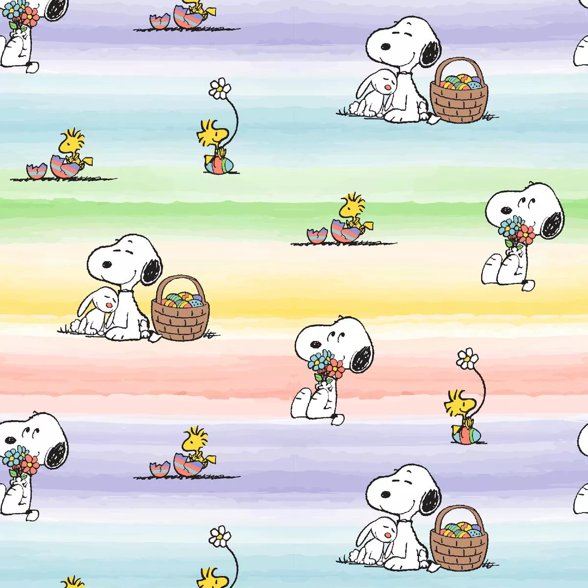 peanuts-snoopy-easter-rainbow-stripes-fabric Peanuts Snoopy Easter Rainbow Stripes Fabric