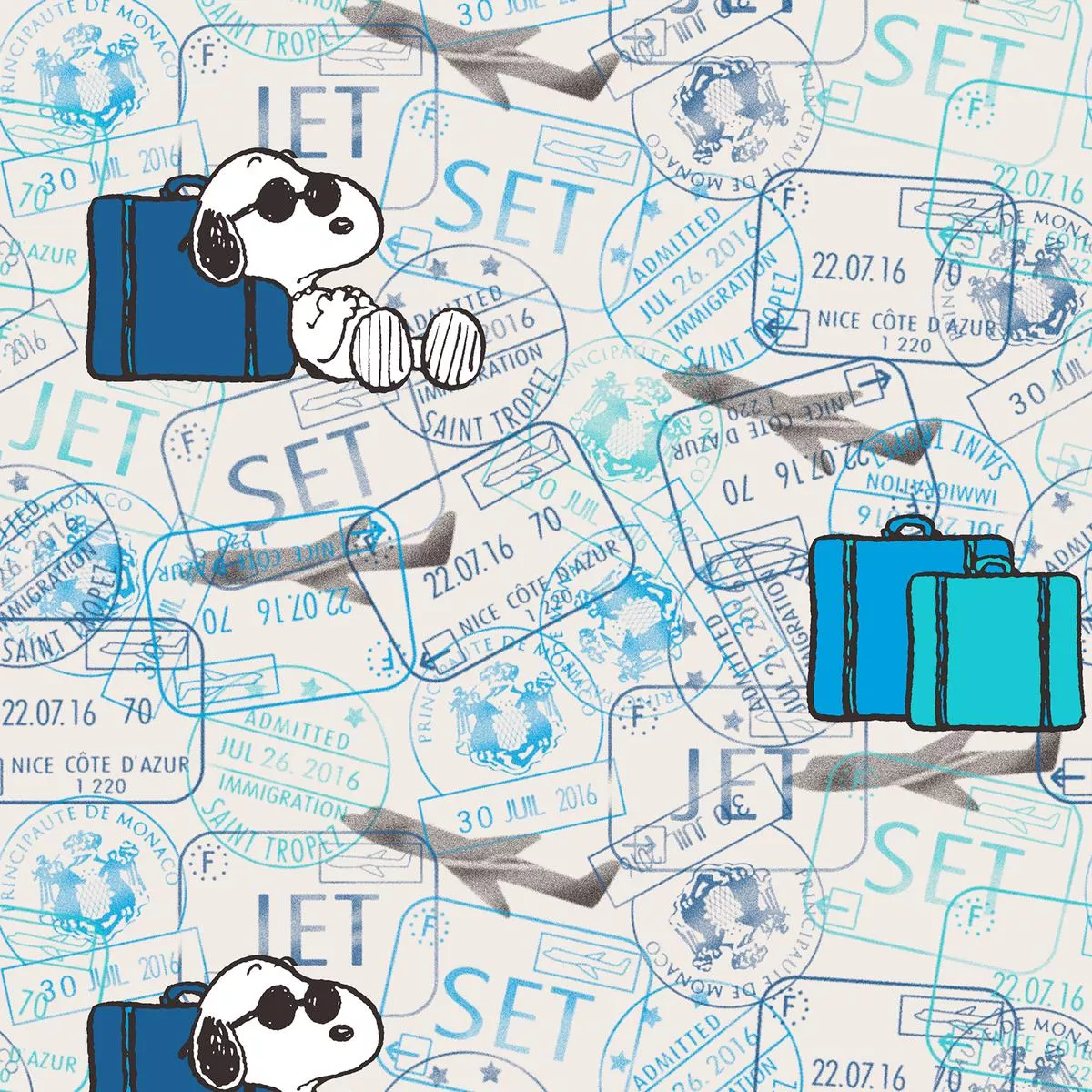peanuts-snoopy-travel-passport-stamp-fabric Peanuts Snoopy Travel Passport Stamp Fabric
