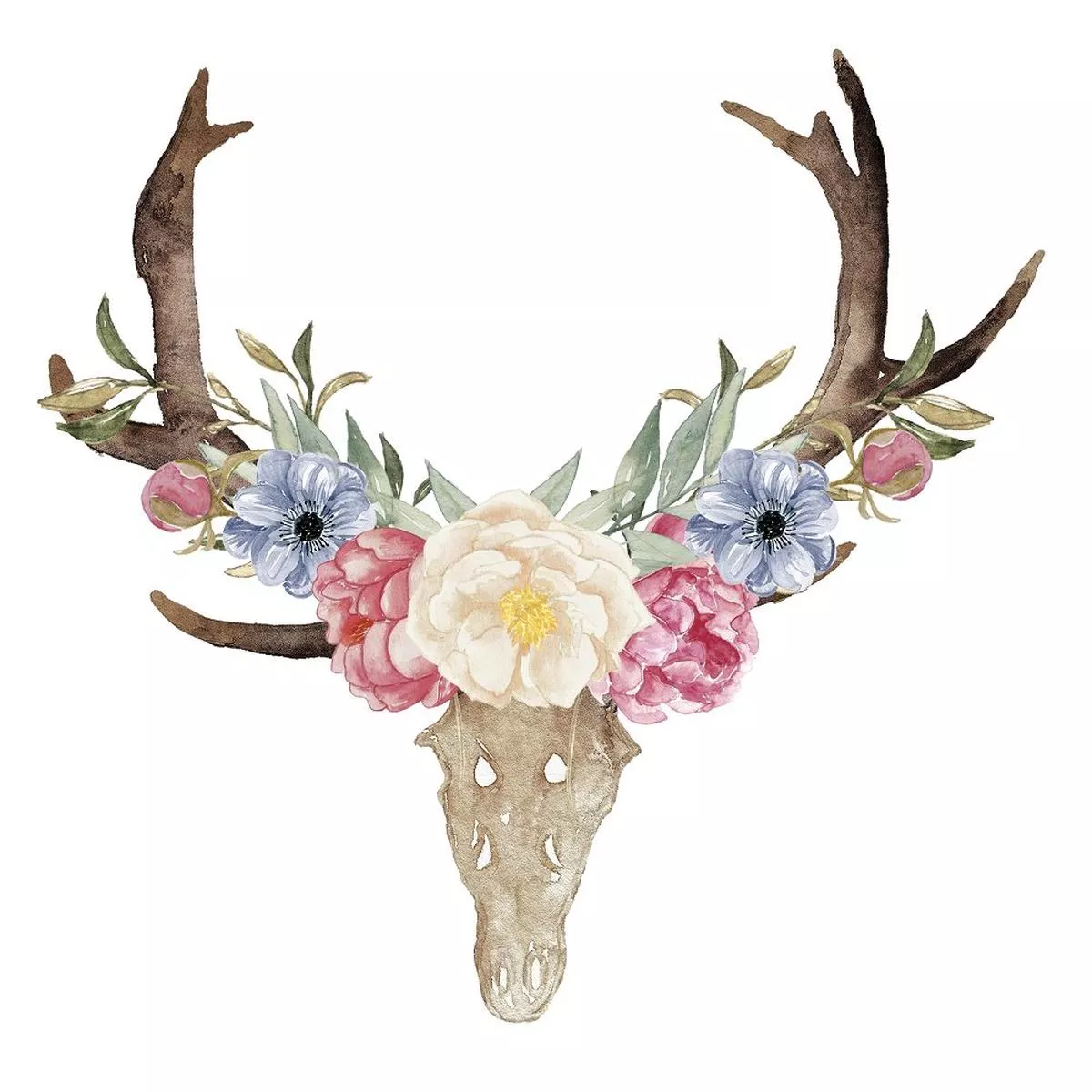 peonies-wreath-floral-skull-fabric-panel Peonies Wreath Floral Skull Fabric Panel