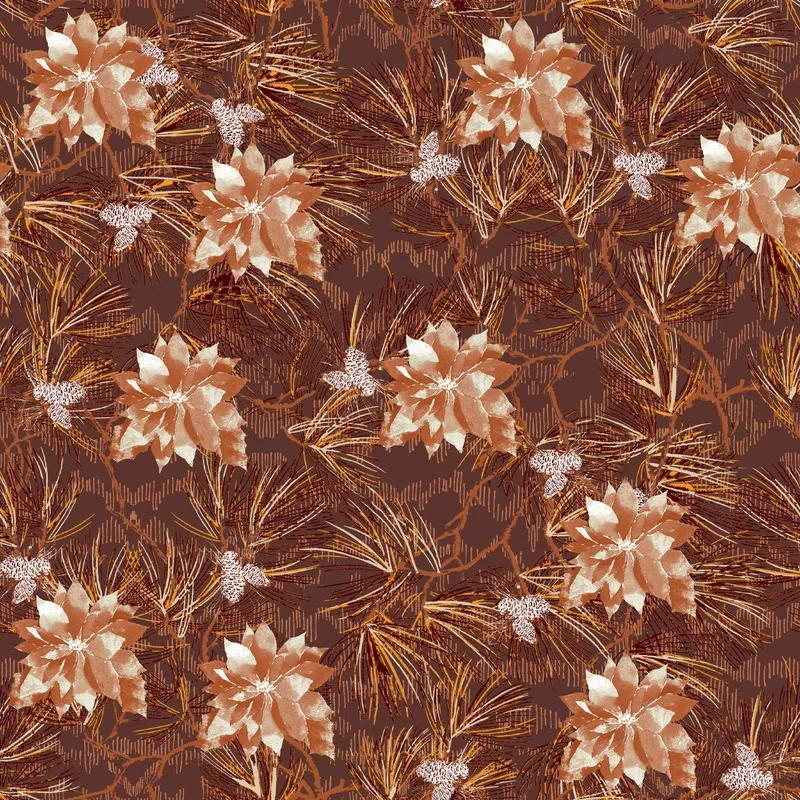 pine-poinsettias-on-brown-fabric Pine & Poinsettias on Brown Fabric