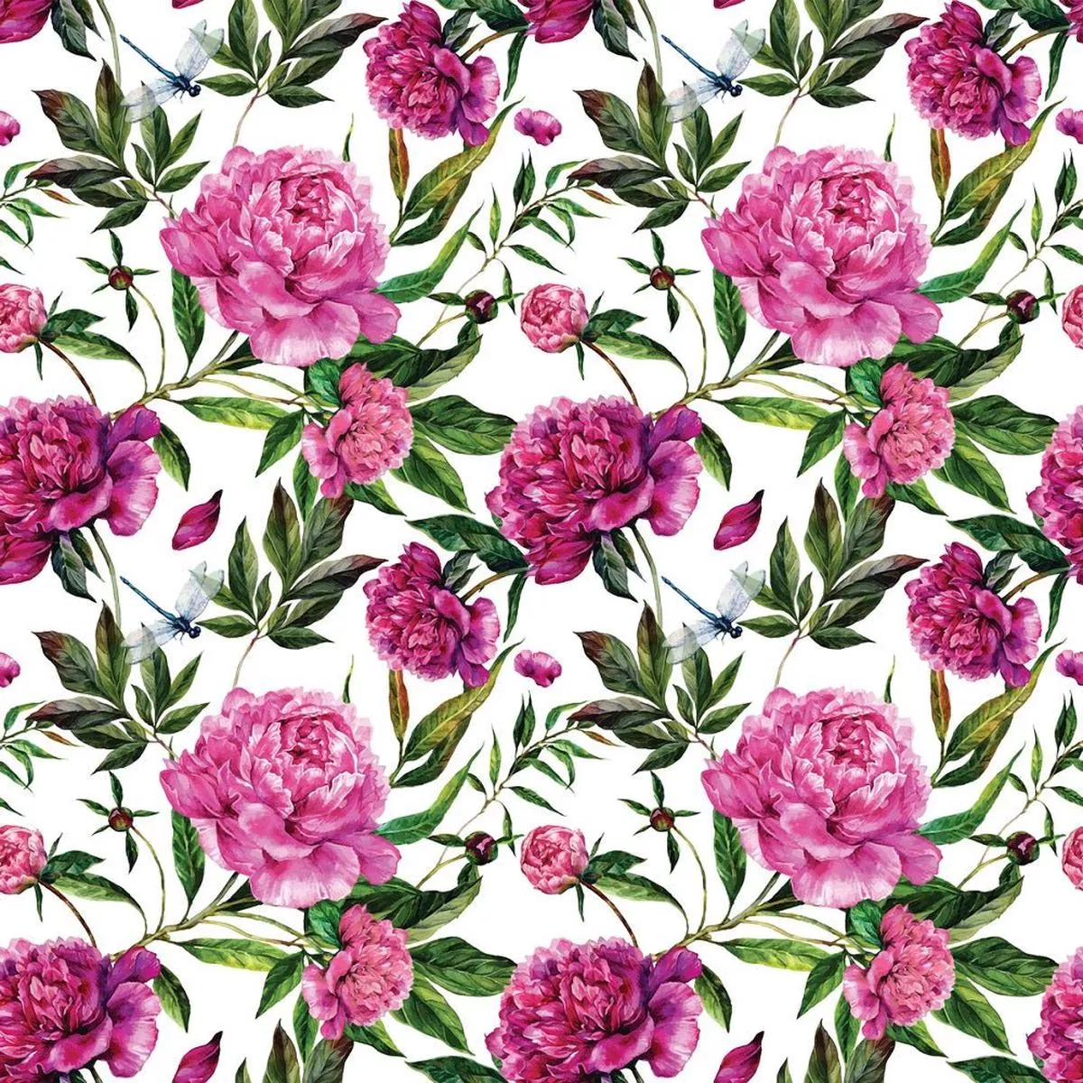 pink-peonies-bouquet-dragonflies-fabric Pink Peonies Bouquet and Dragonflies Fabric