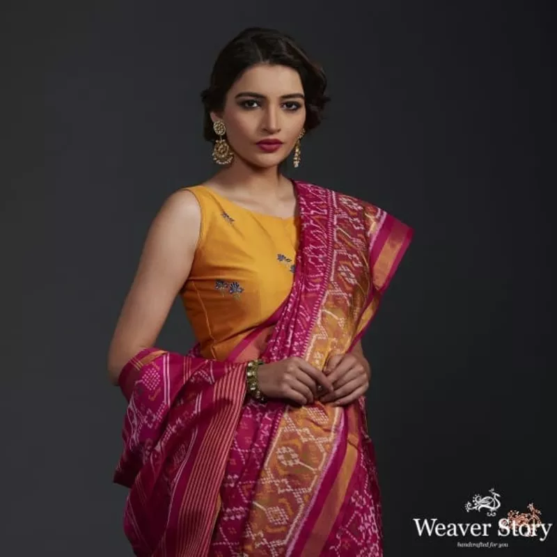 Pink single ikat patola saree with tissue border