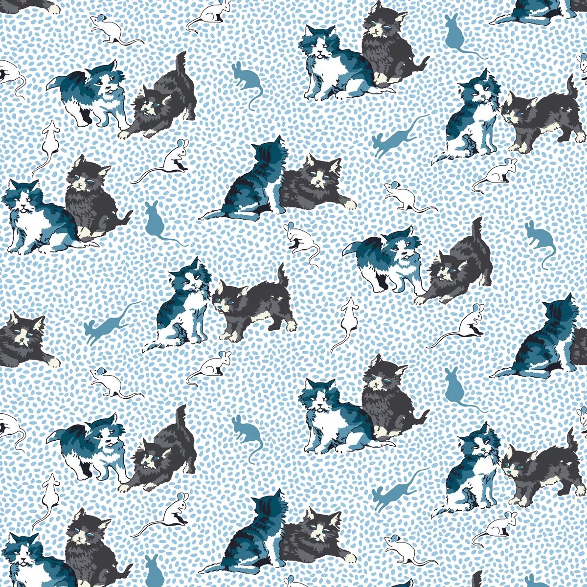 playful-cats-on-blue-fabric Playful Cats on Blue Fabric