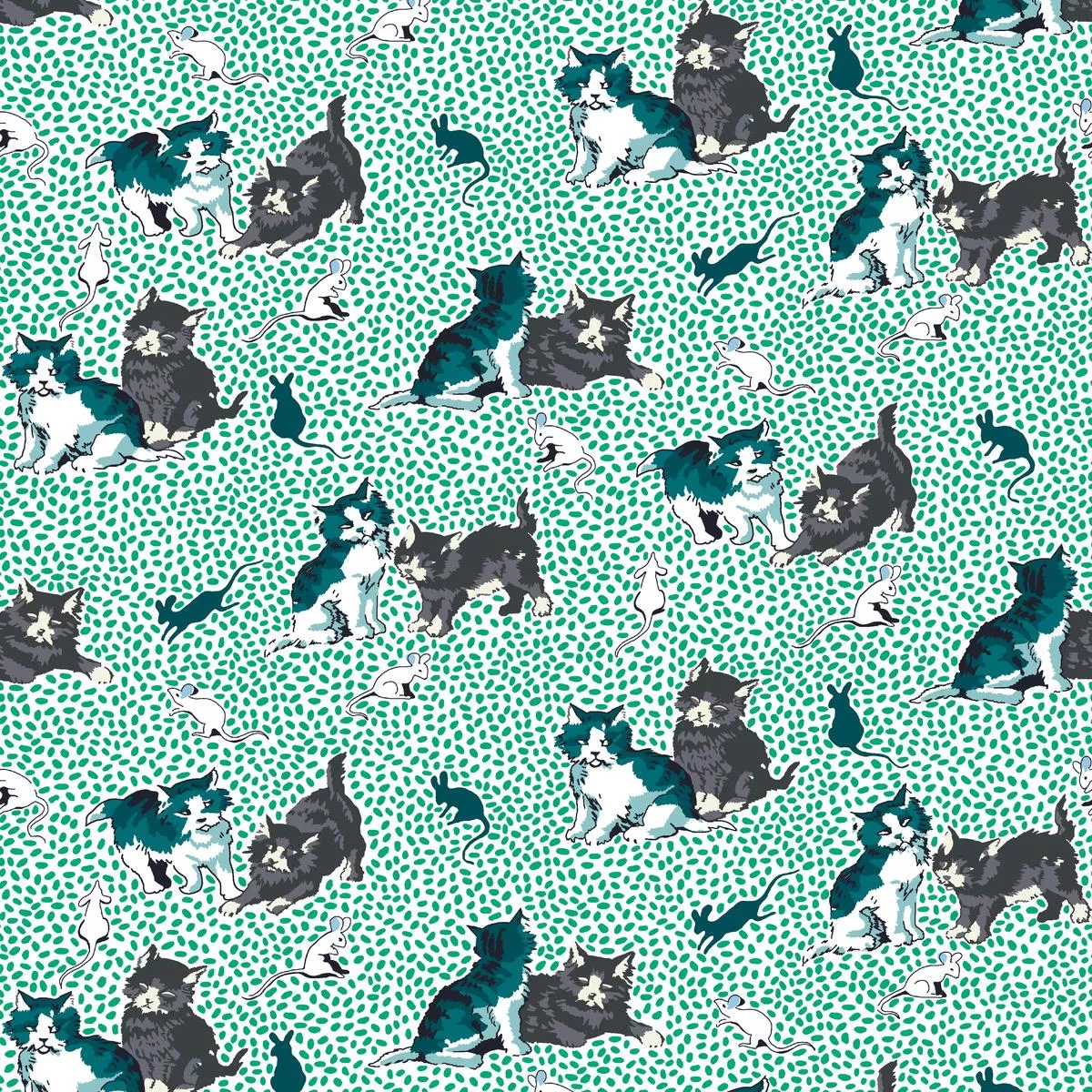 playful-cats-on-green-fabric Playful Cats on Green Fabric