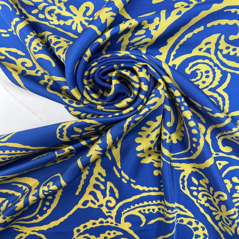 Printed Abstract Yellow Blue Silk Twill