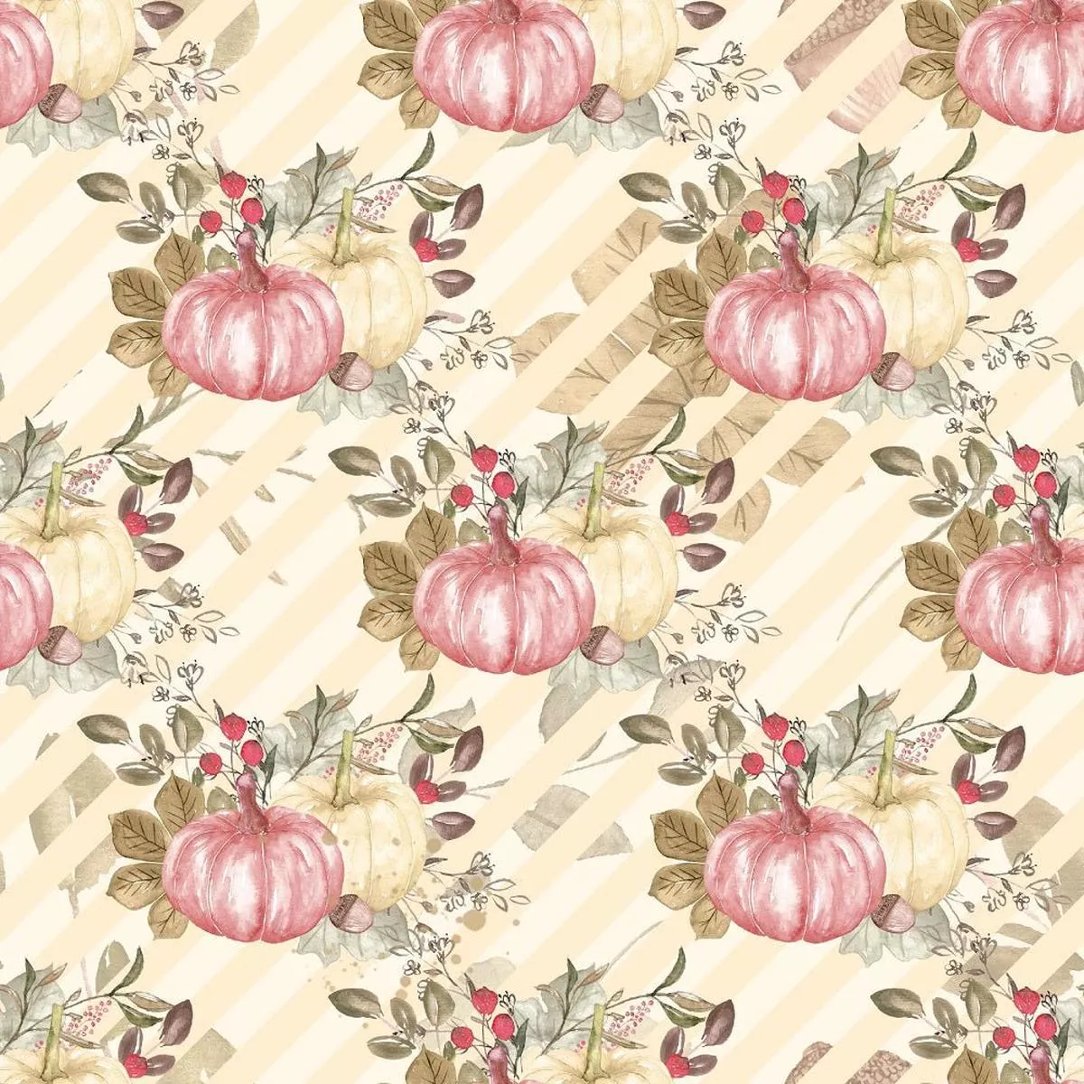 Pumpkin Paradise on Diagonal Stripes Fabric – Tan