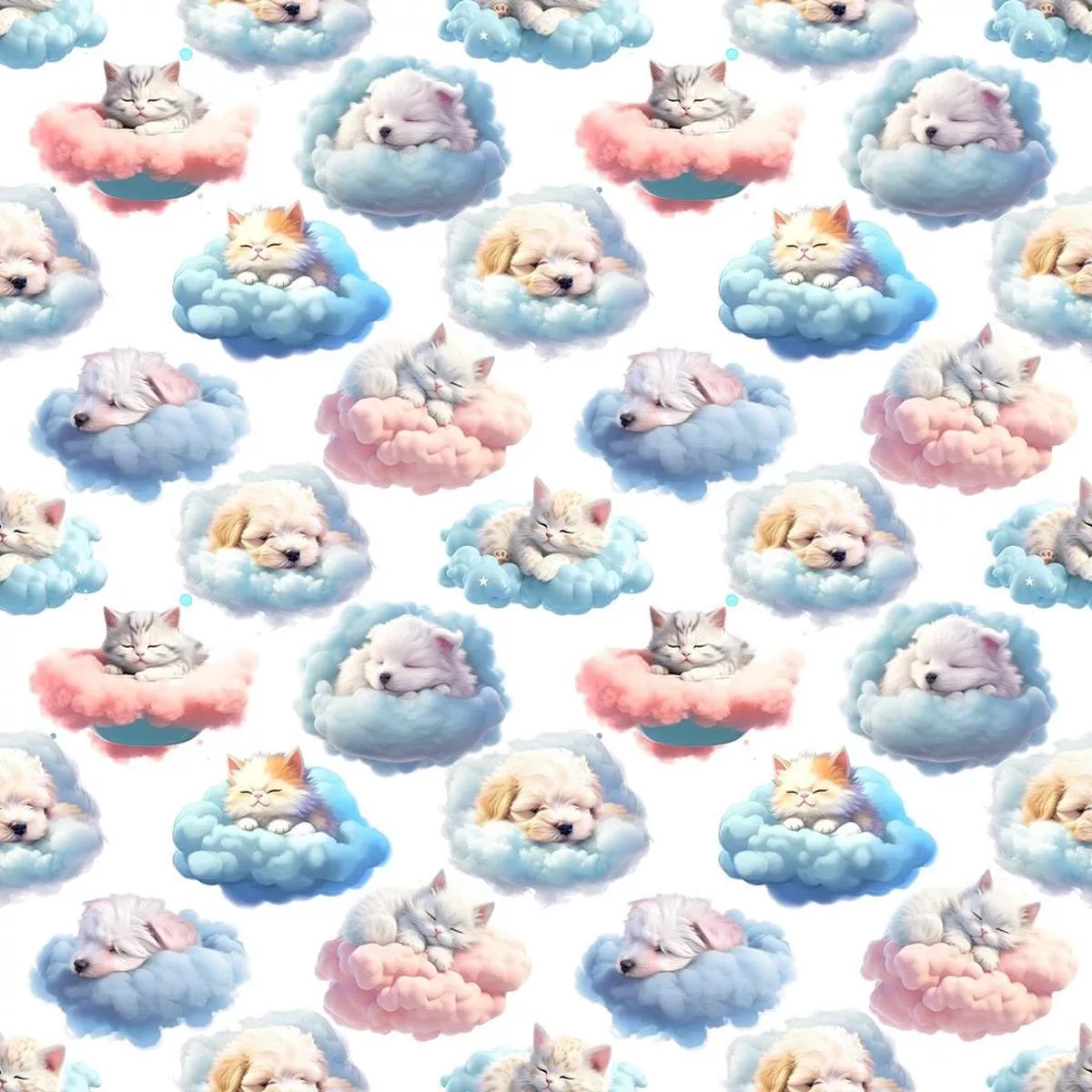 Puppies & Kittens Sleeping On Clouds Fabric