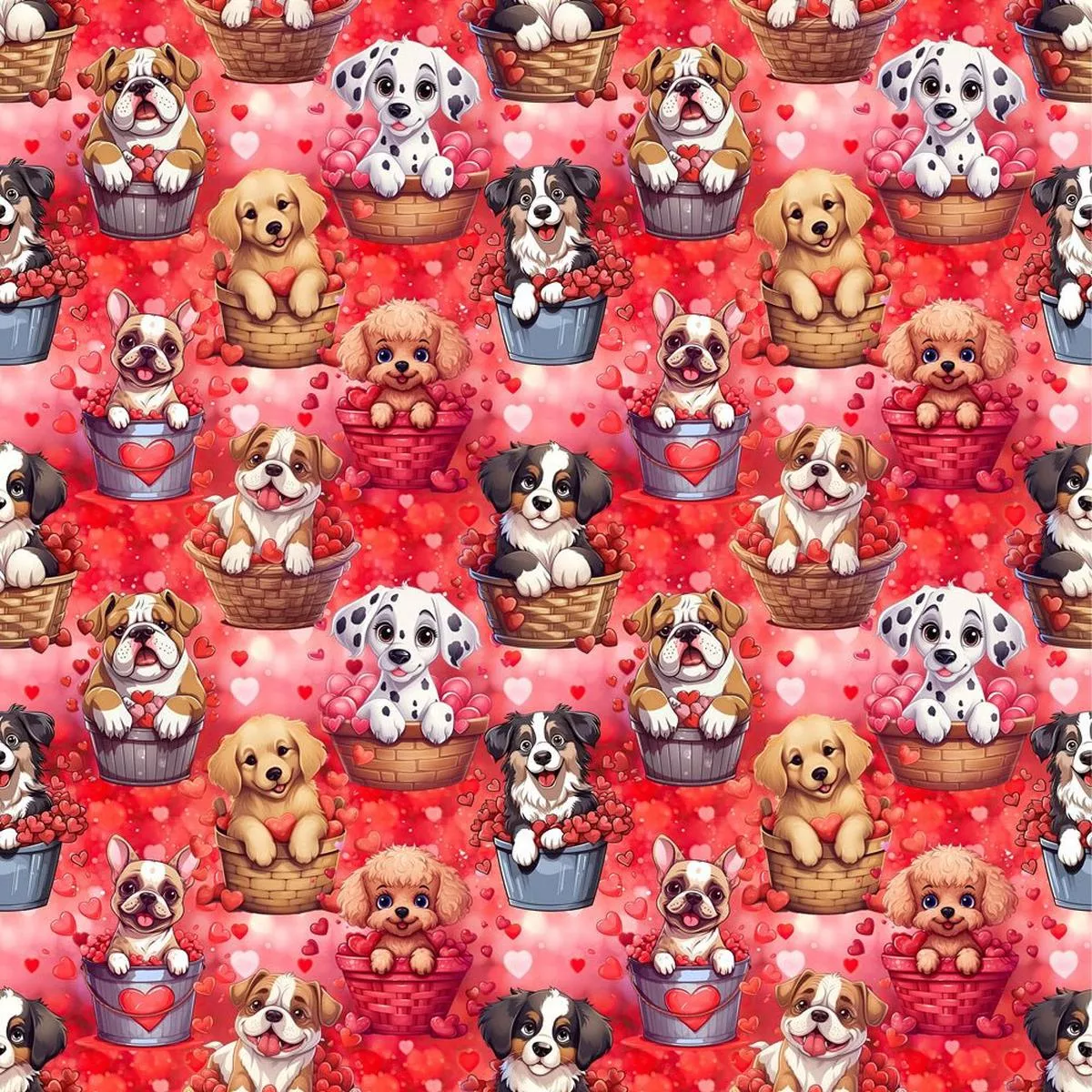 Pups In Heart Filled Baskets Fabric