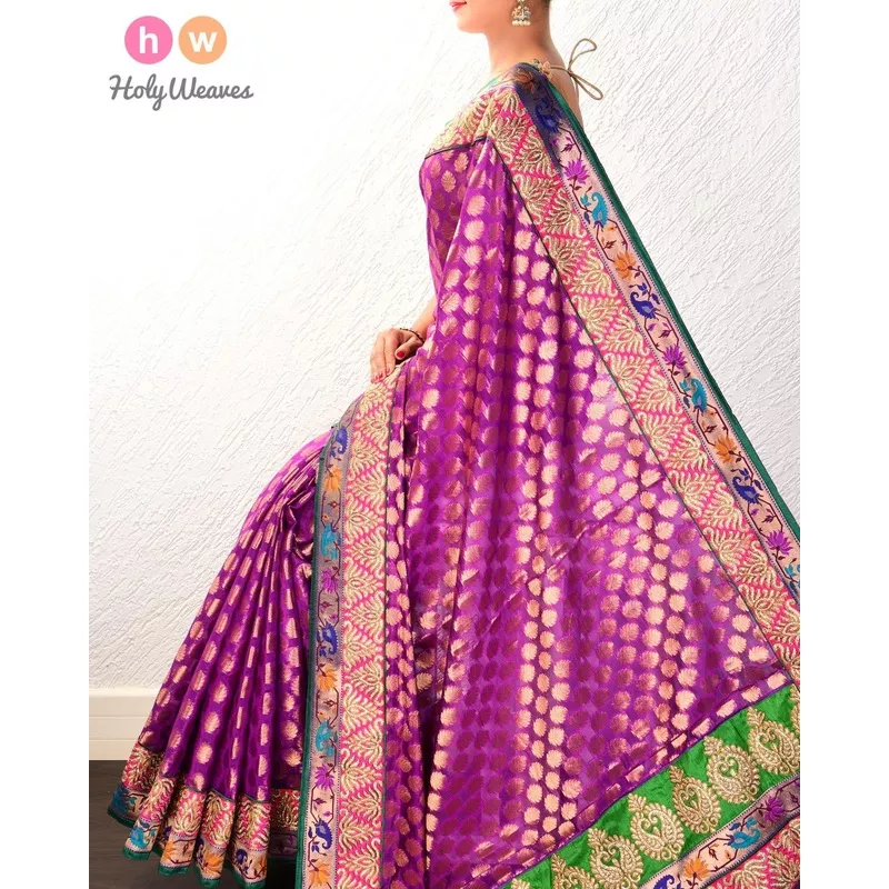Purple Hand-embroidered Art Silk Saree
