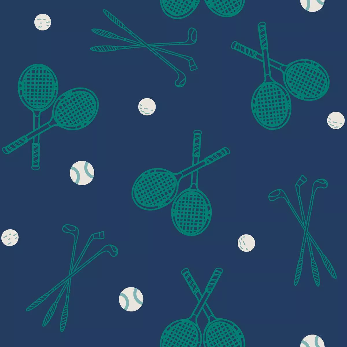 rackets-clubs-on-navy-fabric Rackets & Clubs on Navy Fabric