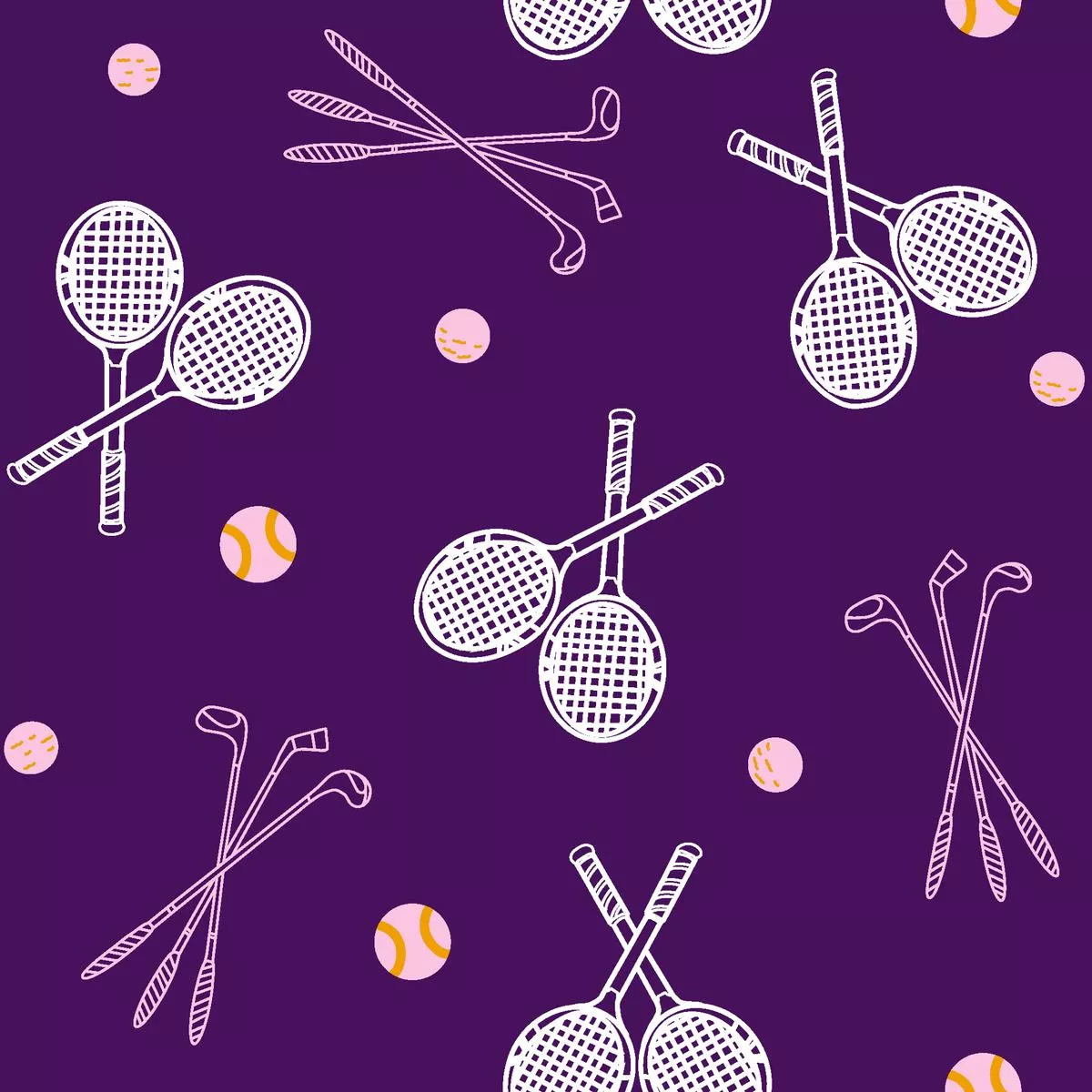rackets-clubs-on-purple-fabric Rackets & Clubs on Purple Fabric