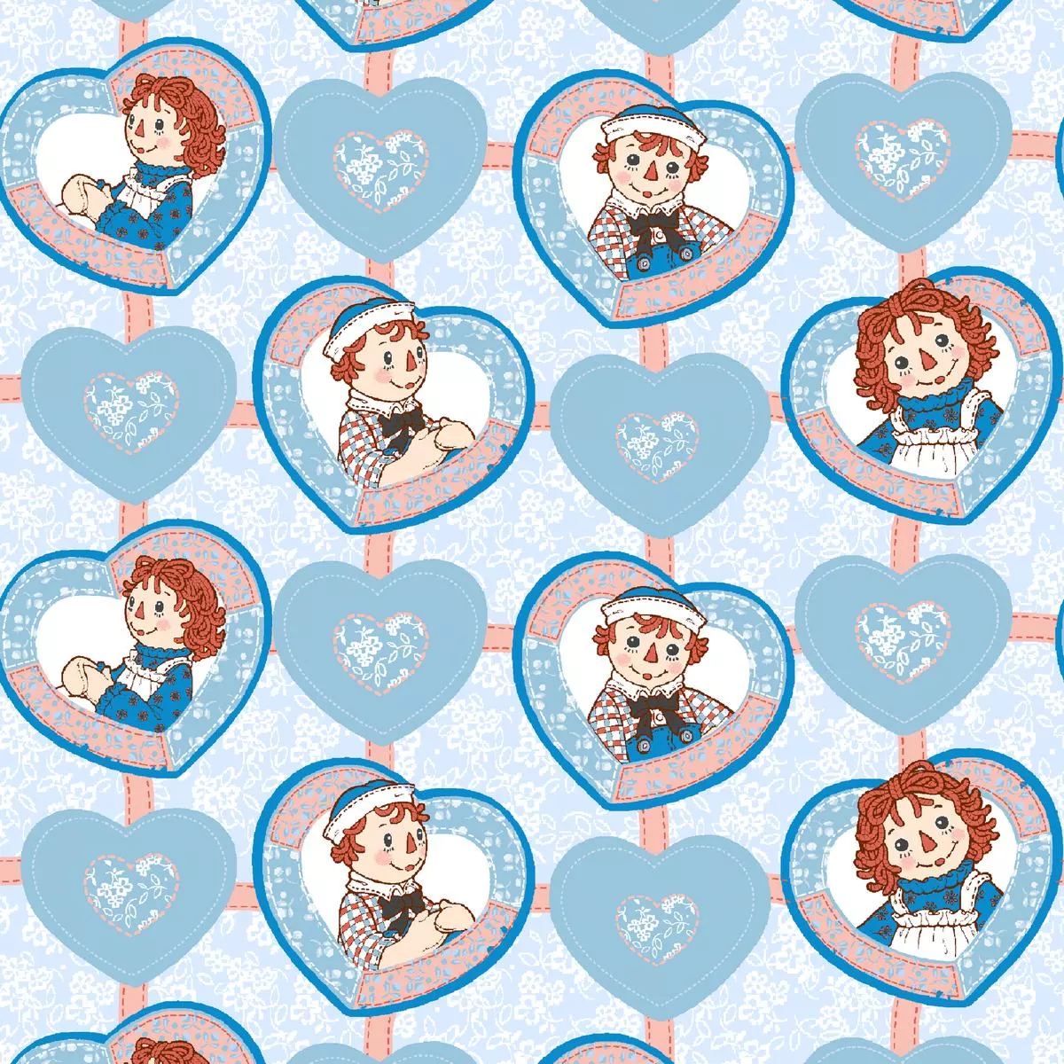 Raggedy Ann and Andy Heart Patch Blue Fabric