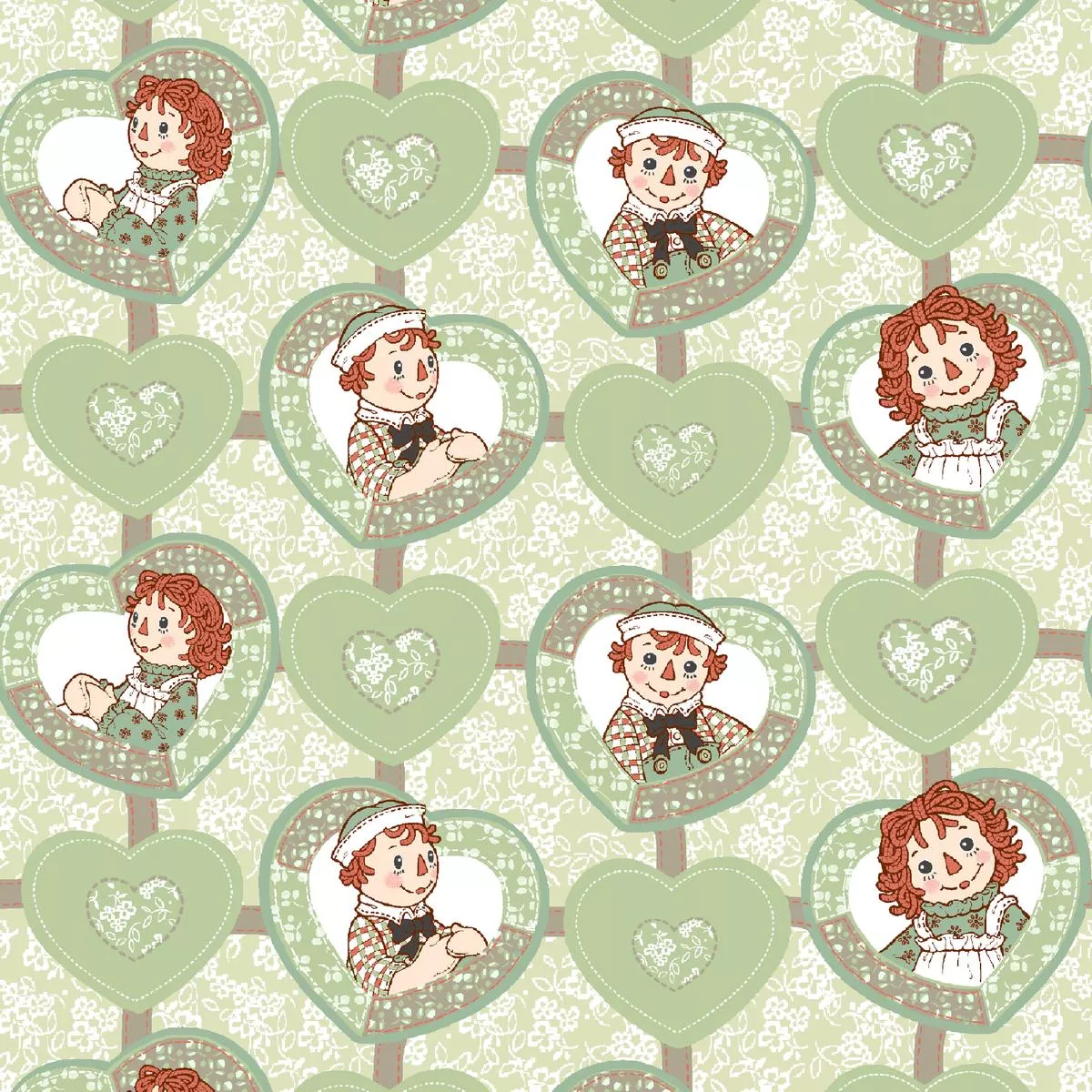 raggedy-ann-andy-heart-patch-green-fabric Raggedy Ann and Andy Heart Patch Green Fabric