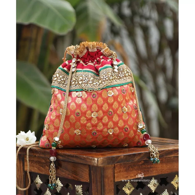 Red Brocade Potli With Embroidery Work