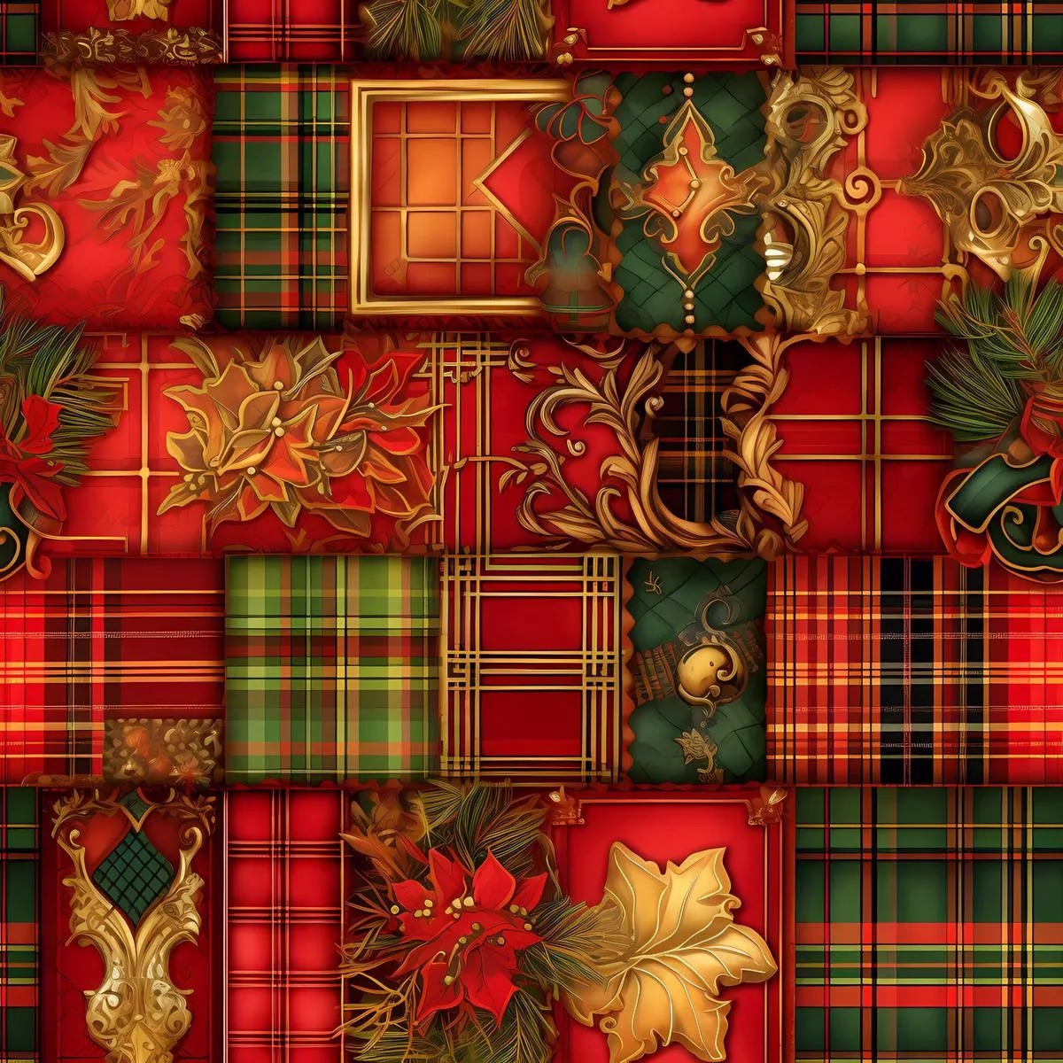 Red Green Gold Christmas Pattern 2 Quilting Cotton Fabric