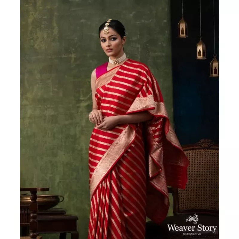 Red Handloom Pure Katan Silk Banarasi Saree With Diagonal Cutwork Weave