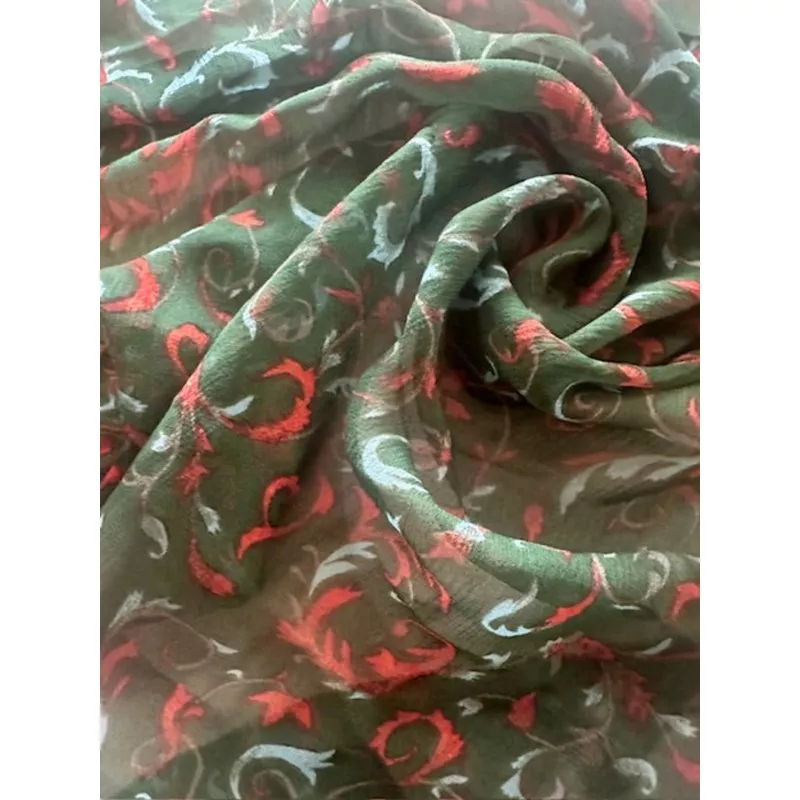 red-on-green-leaf-print-on-yoryu-silk-chiffon Red on Green Leaf Print on Yoryu Silk Chiffon