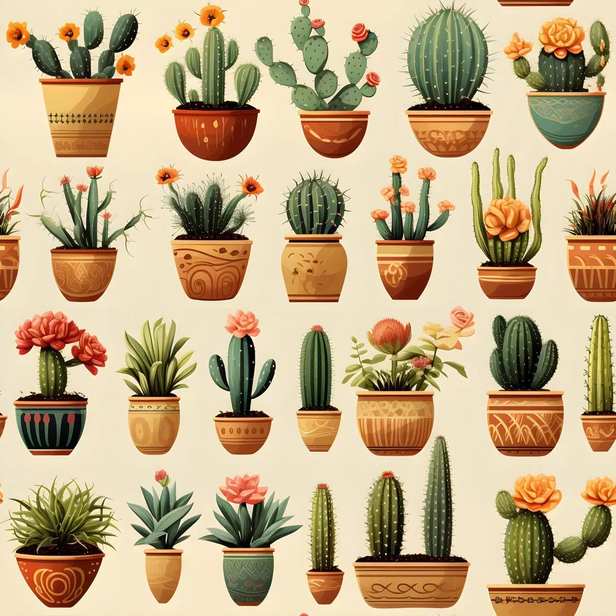 Retro Cactus Pattern 3 Quilting Cotton Fabric