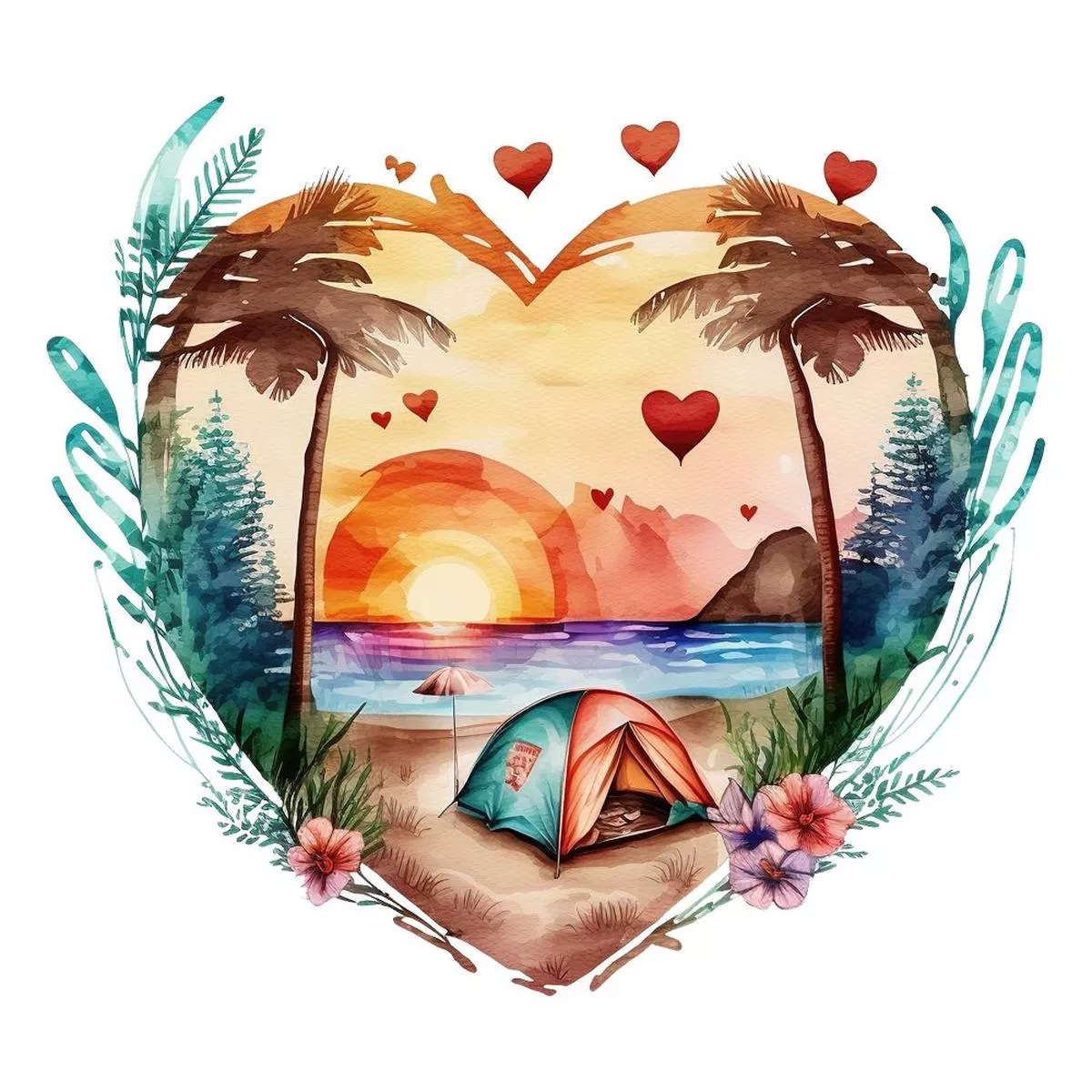 Retro Camping Beach Heart #2 Fabric Panel